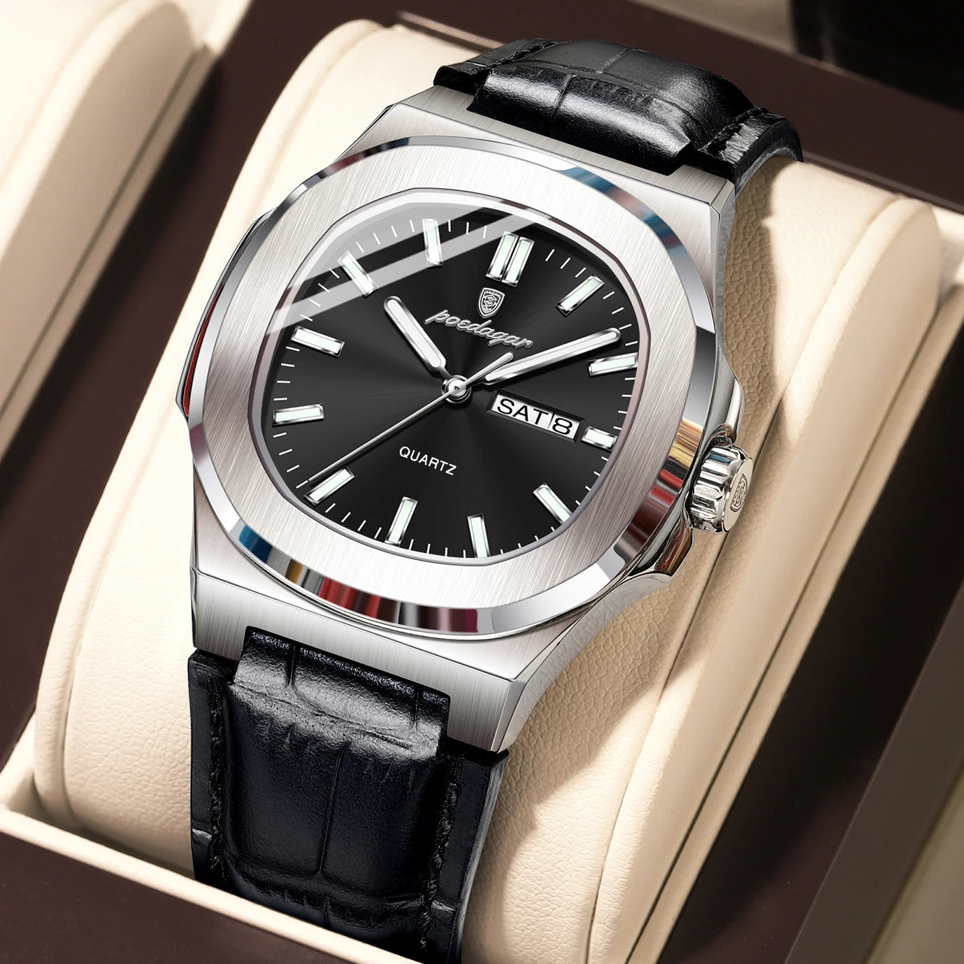 Square Watch – Leather Strap and Stainless Steel Case