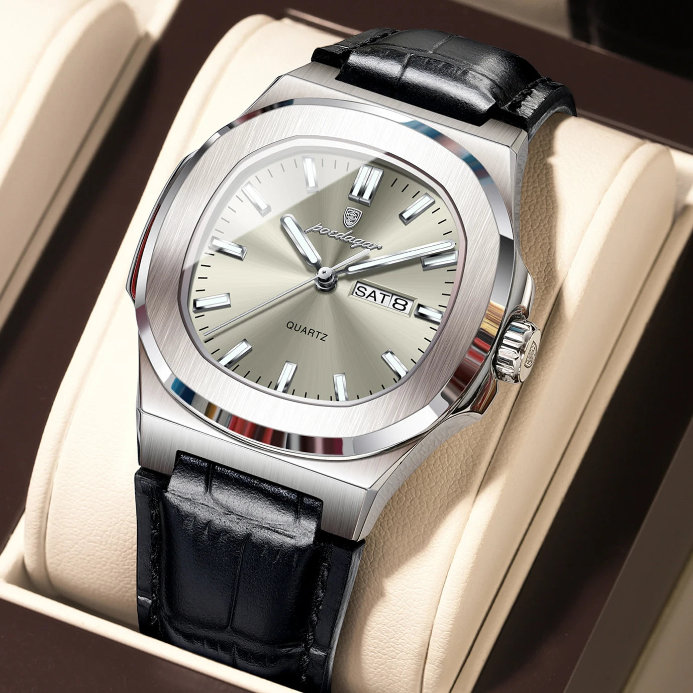 Square Watch – Leather Strap and Stainless Steel Case