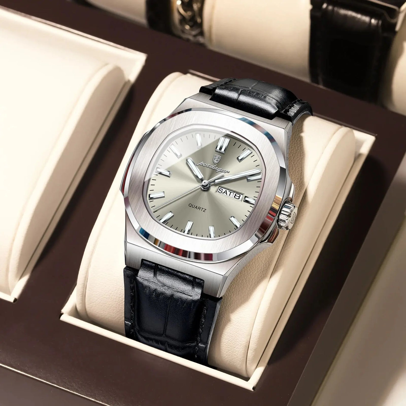Square Watch – Leather Strap and Stainless Steel Case